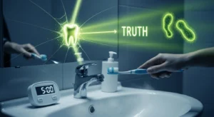Image showing a bathroom sink with a toothbrush and timer, symbolizing a daily dental routine, but with a hidden glowing symbol representing a secret truth or fix.