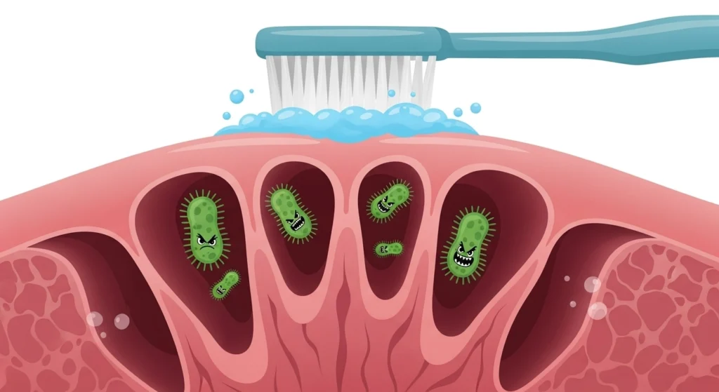 3 Reasons Your Bad Breath Won't Go Away (And The Morning Trick That Can Help) 3 A diagram of the tongue's surface showing deep crevices where bad breath bacteria are hiding, safe from a toothbrush's bristles.
