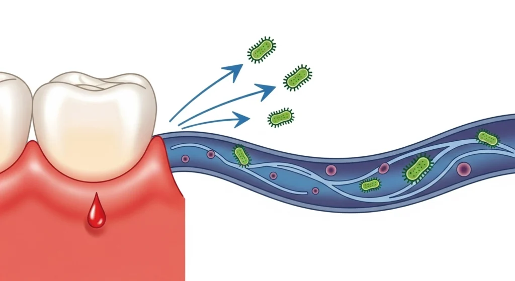 4 Silent Mouth Warnings That Signal a Deeper Problem in Your Body 2 An illustration showing how bacteria from inflamed, bleeding gums can enter the bloodstream, representing the mouth-body connection.