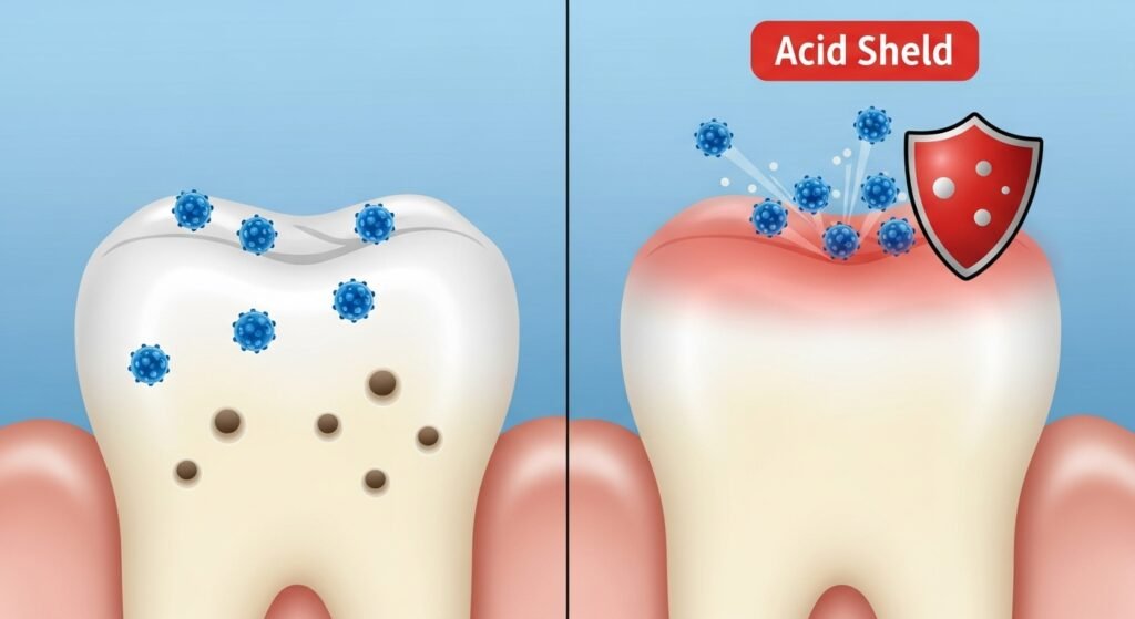 3 Reasons Your Teeth Hurt When You Eat (And It's Not a Cavity) 3 An illustration showing how an acidic environment prevents minerals from repairing a tooth's weak, porous enamel.