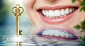 Image showing a golden key hovering over water reflecting a youthful smile, symbolizing a secret to reversing dental aging.
