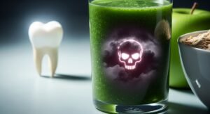 Image showing a healthy-looking food item with a subtle hidden danger symbol, contrasted with a healthy tooth, representing a secret dental health truth.