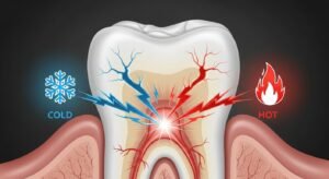 A diagram showing how hot and cold sensations travel through cracks in the enamel to hit the nerve, explaining the cause of tooth sensitivity.