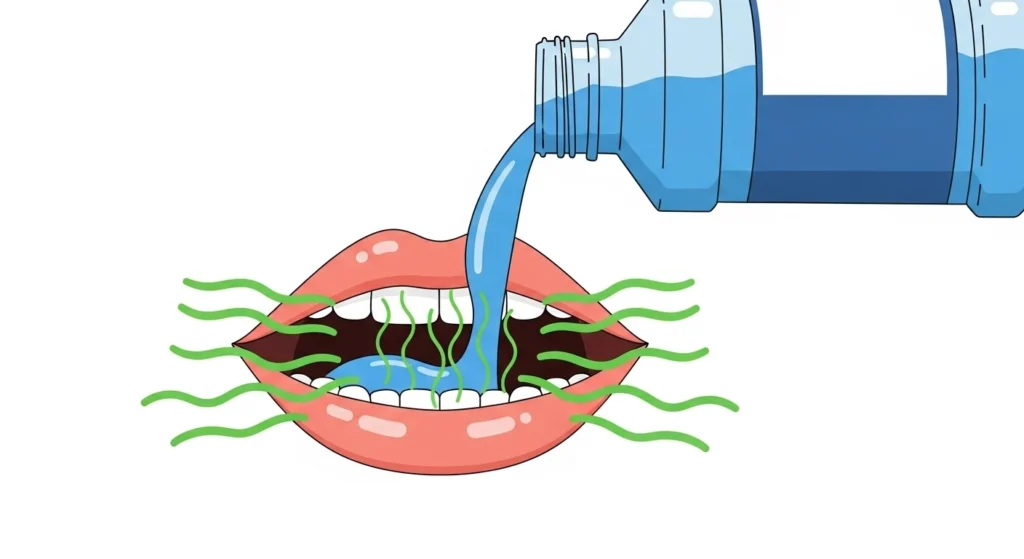 3 Reasons Your Bad Breath Won't Go Away (And The Morning Trick That Can Help) 2 An illustration showing mouthwash failing to eliminate green odor lines from a mouth, demonstrating how it only masks the symptom.