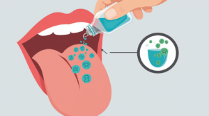A diagram showing a dropper rebalancing the bacteria on a tongue, contrasted with a magnified inset showing bad bacteria causing odor.