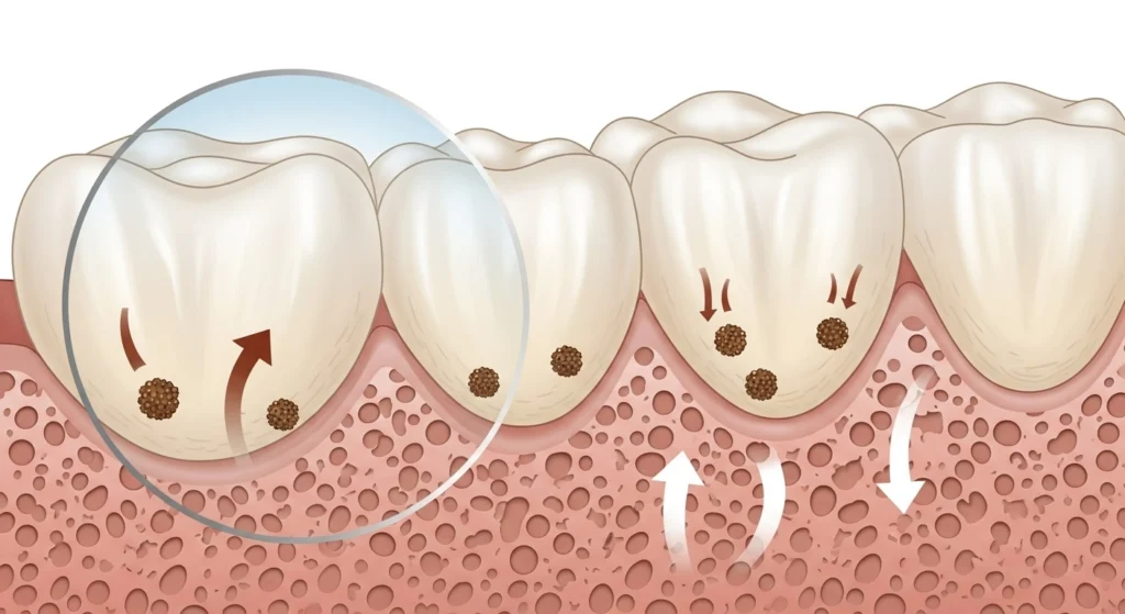 3 Reasons Your Teeth Keep Getting Yellower (Even if You Avoid Coffee) 3 A magnified diagram of a tooth's enamel surface depicted as a sponge, absorbing dark stain particles into its pores.