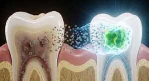 Medical illustration showing the internal process of natural teeth brightening through oral microbiome balance.