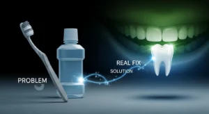 Image showing ineffective dental products contrasted with a glowing healthy tooth, symbolizing the real reason for bad breath and its secret fix.