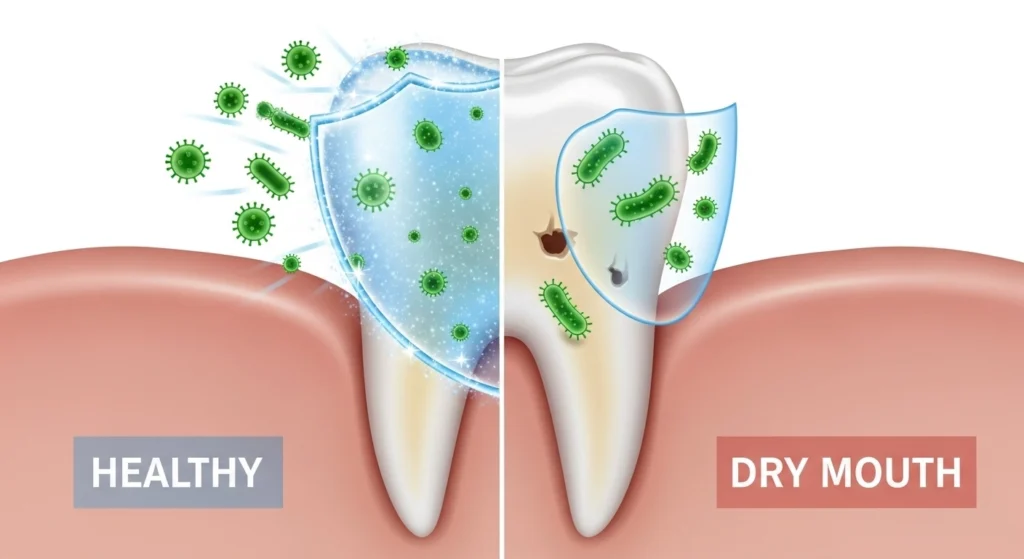 4 Silent Mouth Warnings That Signal a Deeper Problem in Your Body 3 A diagram comparing a tooth protected by a saliva shield to a dry tooth being attacked by bacteria, showing the importance of saliva.