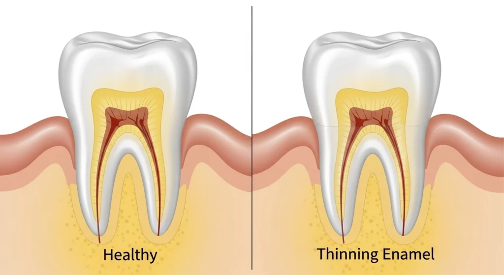 3 Reasons Your Teeth Keep Getting Yellower (Even if You Avoid Coffee) 2 A cross-section diagram of a tooth showing how thinning white enamel reveals the naturally yellow dentin layer underneath