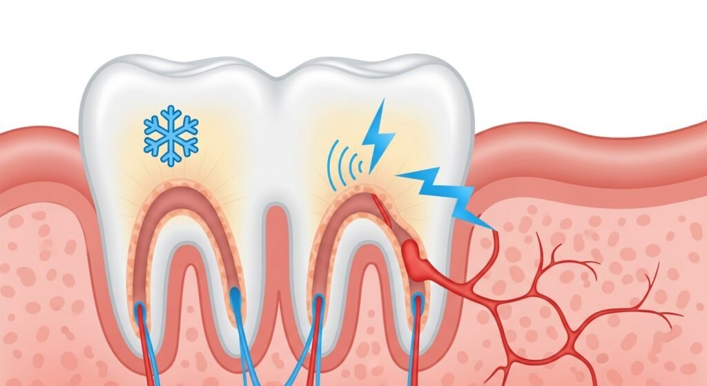 3 Reasons Your Teeth Hurt When You Eat (And It's Not a Cavity) 2 A diagram showing how weak enamel allows sensations like cold to travel through microscopic holes directly to the tooth's nerve, causing pain.