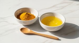 A flat-lay of the ingredients for a DIY teeth whitening polish, including a bowl of turmeric and a bowl of coconut oil on a marble surface.
