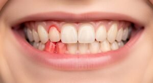 Close-up comparison of bleeding inflamed gums and healthy pink gums showing natural healing contrast