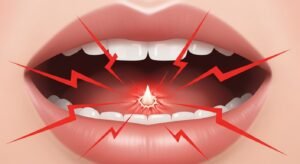 A diagram showing a close-up of a single, painful canker sore inside a mouth, with red pain lines radiating outwards.