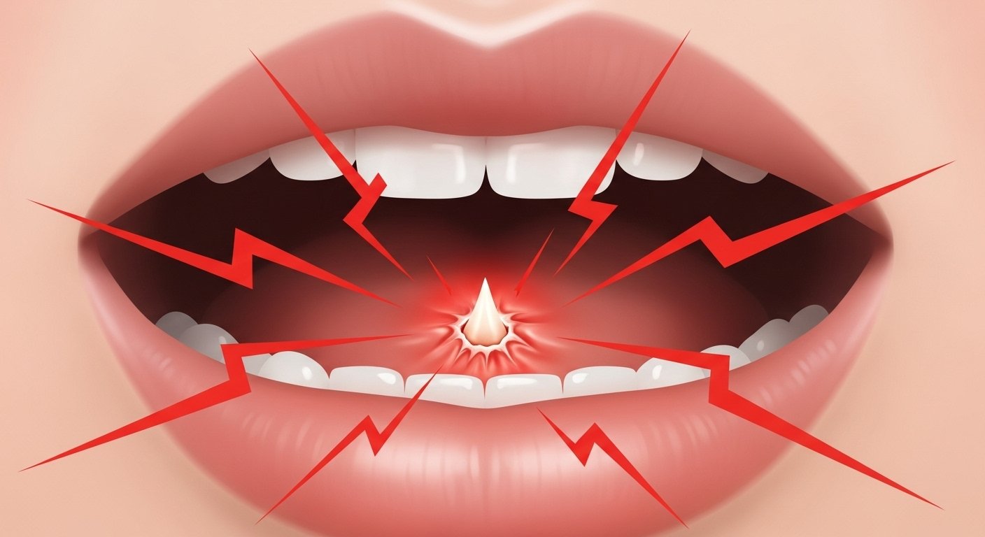 A diagram showing a close-up of a single, painful canker sore inside a mouth, with red pain lines radiating outwards.