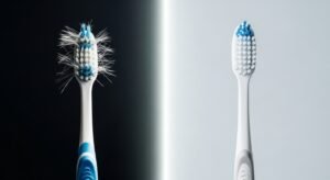 A split image comparing a worn-out toothbrush representing common brushing mistakes to a new toothbrush representing the correct technique.