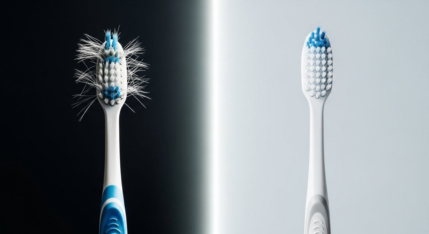 A split image comparing a worn-out toothbrush representing common brushing mistakes to a new toothbrush representing the correct technique.