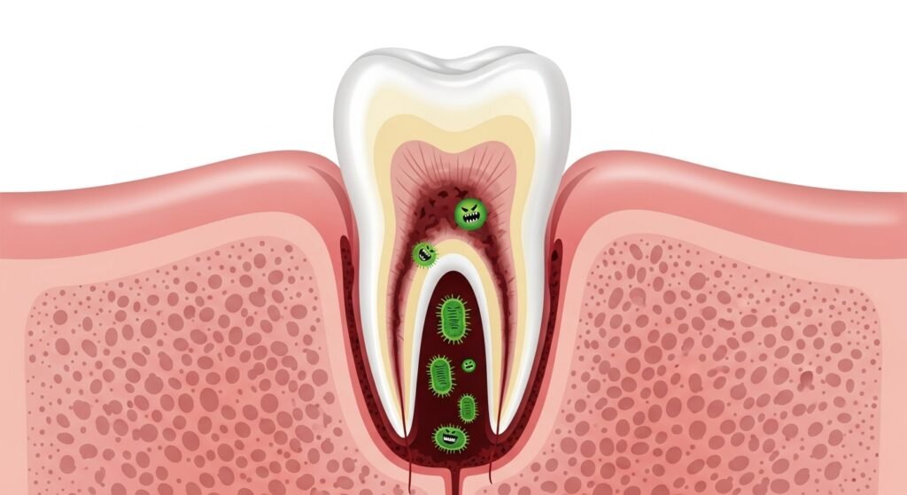 The #1 Sign a Tooth is About to Be Lost (And a Simple Method to Support Its Foundation) 2 A diagram showing how receding gums create a deep, inflamed pocket around a tooth root, trapping harmful bacteria.