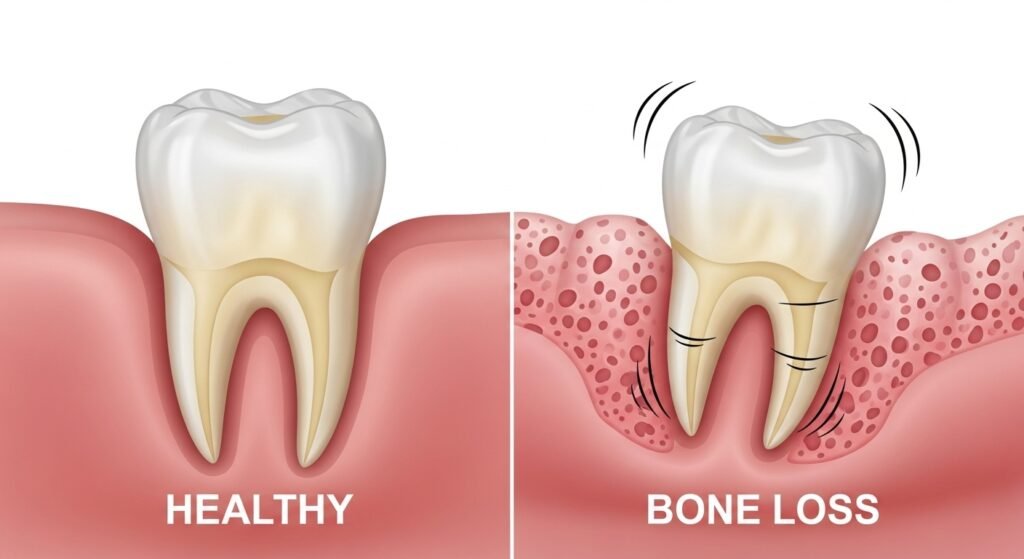 The #1 Sign a Tooth is About to Be Lost (And a Simple Method to Support Its Foundation) 3 A diagram comparing a healthy tooth anchored in bone to a loose tooth where the surrounding bone has visibly dissolved away.