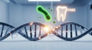 Image showing a healthy tooth breaking free from a fractured DNA helix, symbolizing that dental destiny is not genetic and a secret fix.
