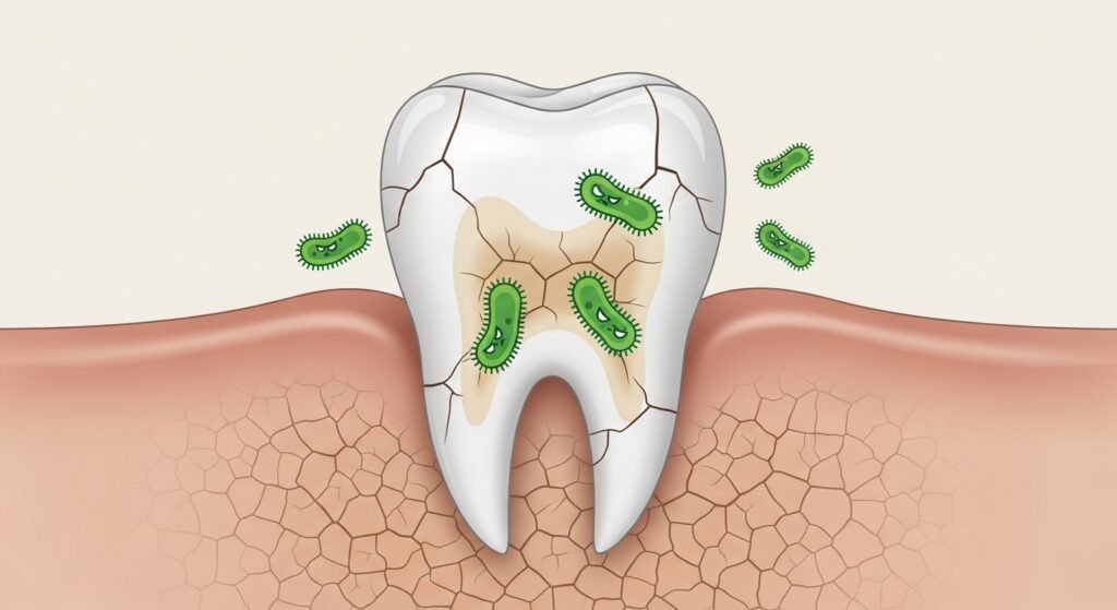 4 Dental Problems That Suddenly Accelerate After Age 50 2 An illustration showing a dry, cracked tooth, symbolizing the effects of dry mouth and the increased risk of tooth decay for seniors.