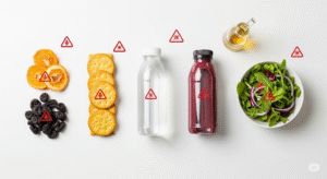 Flat lay of common foods like dried fruit and crackers that secretly damage teeth without people realizing
