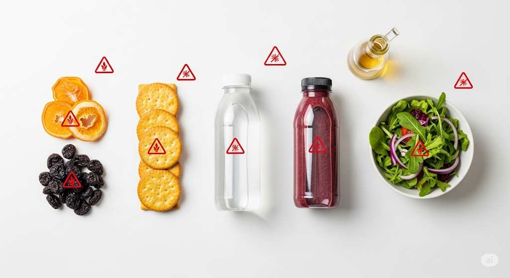 Flat lay of common foods like dried fruit and crackers that secretly damage teeth without people realizing