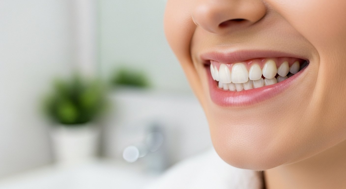 A close-up photograph of a person's vibrant, healthy smile with a clear focus on their perfectly pink and healthy gums.