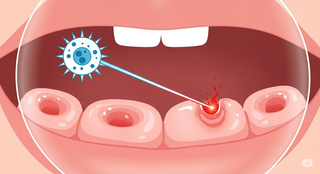 3 Reasons You Keep Getting Painful Mouth Sores (And How to Stop Them) 2 An illustration showing an immune cell mistakenly attacking the mouth's lining, causing a painful canker sore to form.