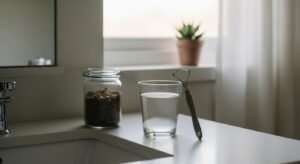 Natural morning dental routine with mineral water, tongue scraper, and herbs to support enamel health