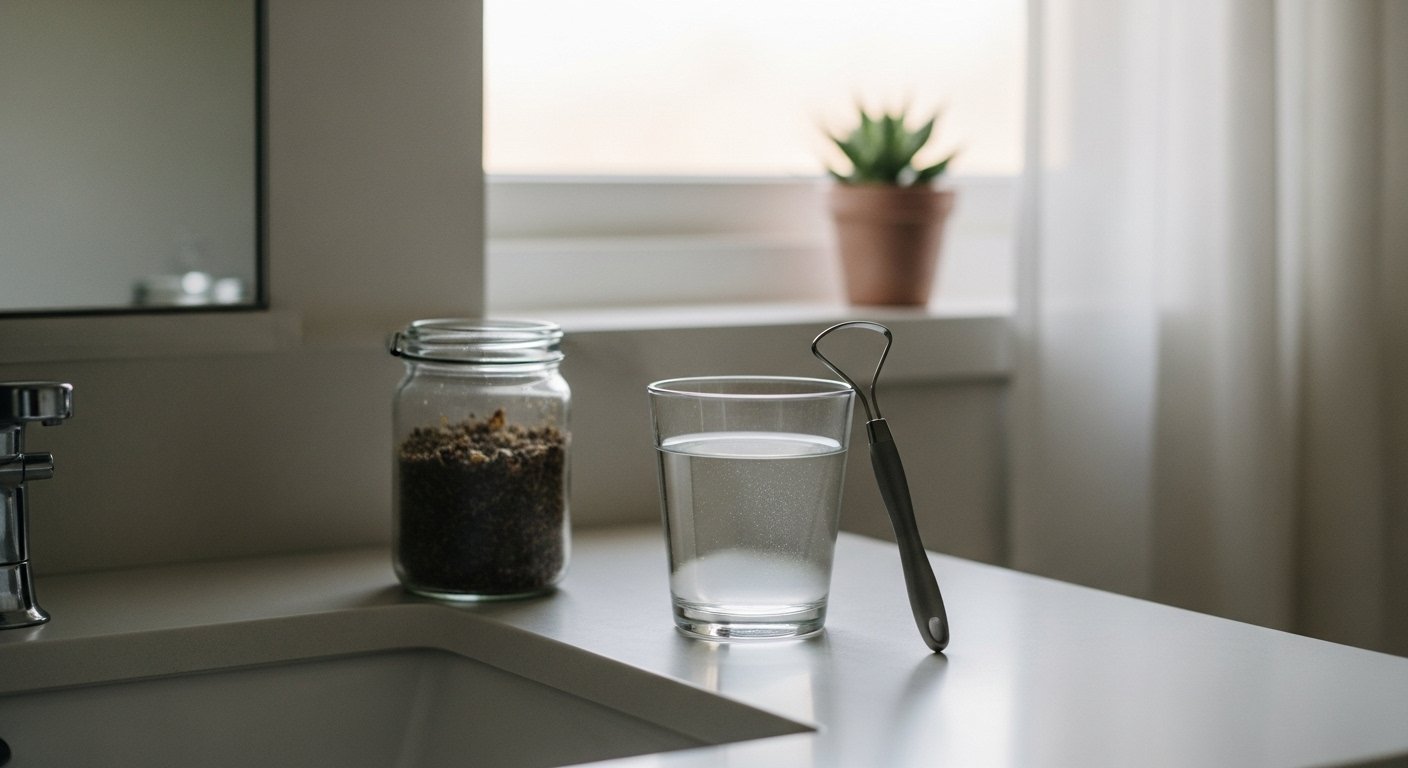 Natural morning dental routine with mineral water, tongue scraper, and herbs to support enamel health