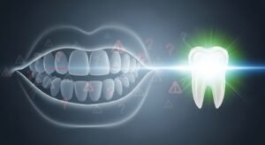 Image showing a mouth with subtle warning signs, contrasted with a glowing healthy tooth, symbolizing alarming dental issues and a secret fix.