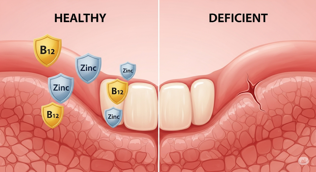 3 Reasons You Keep Getting Painful Mouth Sores (And How to Stop Them) 3 A diagram comparing a strong mouth lining protected by nutrients to a weak, thin lining that is easily damaged.