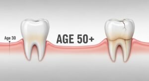 A diagram showing a timeline of a tooth from young and healthy to older and damaged, with problems like cracks and gum recession appearing after age 50.
