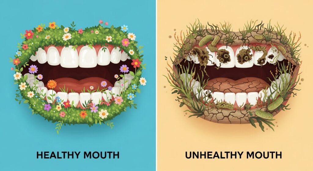Your Mouth has a 'Second Gut' — Here Are 4 Signs It's Unhealthy 2 A diagram comparing a healthy oral microbiome, shown as a lush garden, to an unhealthy one, shown as a patch of weeds.