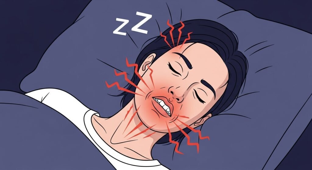 3 Nighttime Habits That Are Destroying Your Teeth (And You Don't Know It) 2 An illustration showing a sleeping person with a tightly clenched jaw and radiating pain lines going to their head and jaw.