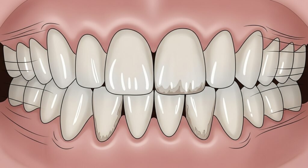 3 Nighttime Habits That Are Destroying Your Teeth (And You Don't Know It) 3 A close-up diagram of teeth grinding together, showing the enamel being worn down and flattened due to the friction.