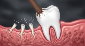 A dramatic illustration of a tooth depicted as a tree falling over as its roots snap and the gum soil erodes away, symbolizing tooth loss.