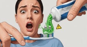 A shocking illustration of a toothpaste tube squeezing out green toxic sludge with warning symbols instead of clean paste.