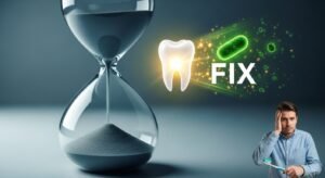 Image of an hourglass with sand flowing down and a frustrated person holding a toothbrush, symbolizing wasted effort, next to a glowing tooth representing an effortless fix.